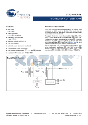 CY7C1034DV33_07 datasheet - 6-Mbit (256K X 24) Static RAM