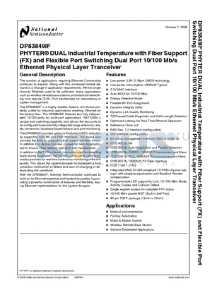 DP83849IF_08 datasheet - PHYTER^ DUAL Industrial Temperature with Fiber Support (FX) and Flexible Port Switching Dual Port 10/100 Mb/s Ethernet Physical Layer Tranceiver