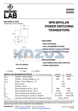 2N5662 datasheet - NPN BIPOLAR POWER SWITCHING