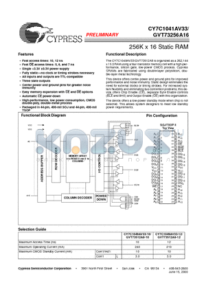 CY7C1041AV33-12ZC datasheet - 256K x 16 Static RAM