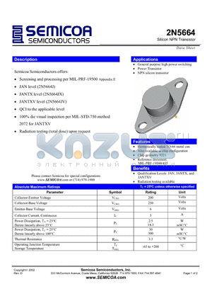 2N5664 datasheet - Silicon NPN Transistor