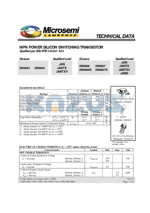 2N5665 datasheet - NPN POWER SILICON SWITCHING TRANSISTOR Qualified per MIL-PRF-19500/455