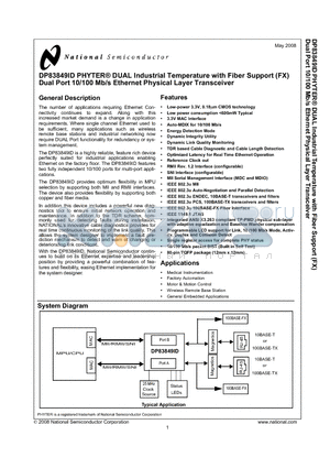 DP83849ID_08 datasheet - PHYTER^ DUAL Industrial Temperature with Fiber Support (FX) Dual Port 10/100 Mb/s Ethernet Physical Layer Transceiver