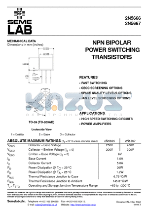 2N5666 datasheet - NPN BIPOLAR POWER SWITCHING