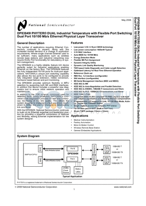 DP83849I datasheet - PHYTER^ DUAL Industrial Temperature with Flexible Port Switching Dual Port 10/100 Mb/s Ethernet Physical Layer Transceiver