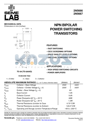 2N5667 datasheet - NPN BIPOLAR POWER SWITCHING