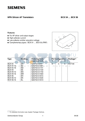 BCX54 datasheet - NPN Silicon AF Transistors (For AF driver and output stages High collector current)