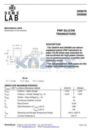 2N5679 datasheet - PNP SILICON TRANSISTORS
