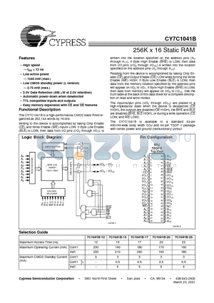 CY7C1041BL-20ZC datasheet - 256K x 16 Static RAM