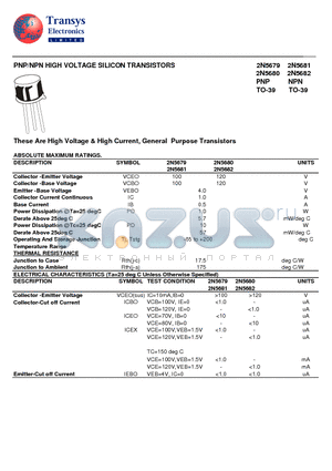 2N5680 datasheet - PNP/NPN HIGH VOLTAGE SILICON TRANSISTORS