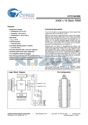 CY7C1041BN-15VC datasheet - 256K x 16 Static RAM