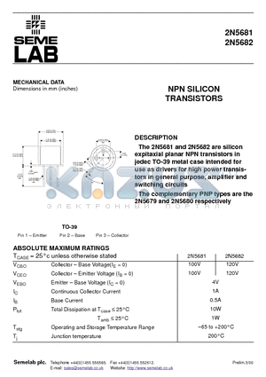 2N5681 datasheet - NPN SILICON TRANSISTORS