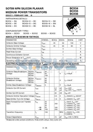 BCX54-BA datasheet - SOT89 NPN SILICON PLANAR MEDIUM POWER TRANSISTORS