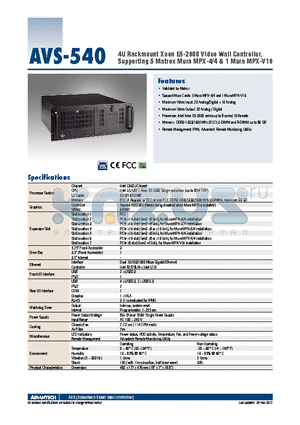 AVS-540 datasheet - 4U Rackmount Xeon E5-2600 Video Wall Controller, Supporting 5 Matrox Mura MPX-4/4 & 1 Mura MPX-V16