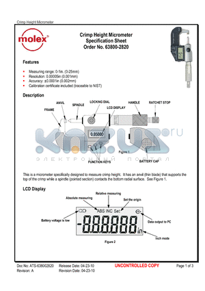0638002820 datasheet - Crimp Height Micrometer Specification Sheet