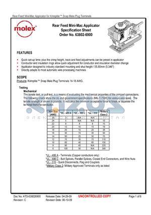 0638026900 datasheet - Rear Feed Mini-Mac Applicator Specification Sheet