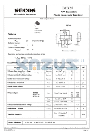 BCX55 datasheet - Plastic-Encapsulate Transistors