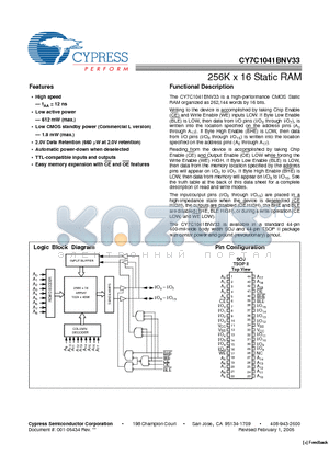 CY7C1041BNV33L-15ZXC datasheet - 256K x 16 Static RAM