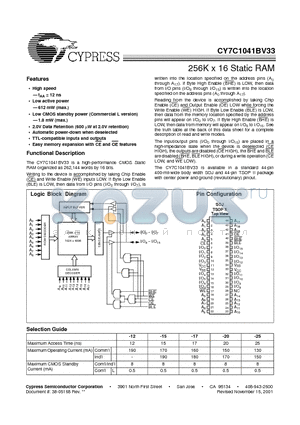 CY7C1041BV33-12ZC datasheet - 256K x 16 Static RAM