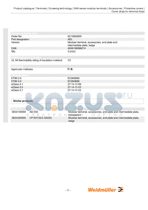 0634300000 datasheet - Modular terminal, accessories, end plate and intermediate plate, beige