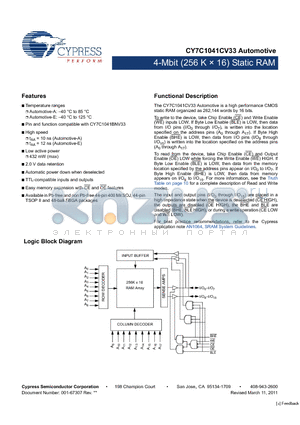 CY7C1041CV33 datasheet - 4-Mbit (256 K  16) Static RAM TTL-compatible inputs and outputs