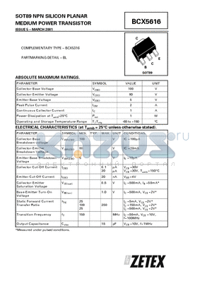 BCX5616 datasheet - NPN SILICON PLANAR MEDIUM POWER TRANSISTOR