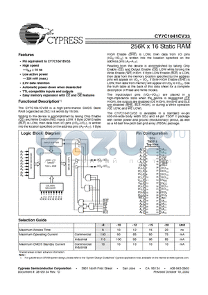 CY7C1041CV33-10VC datasheet - 256K x 16 Static RAM