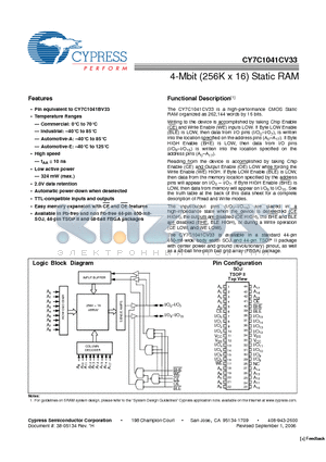 CY7C1041CV33-10BAXA datasheet - 4-Mbit (256K x 16) Static RAM