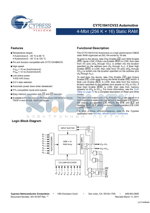 CY7C1041CV33-10BAXA datasheet - 4-Mbit (256 K  16) Static RAM TTL-compatible inputs and outputs