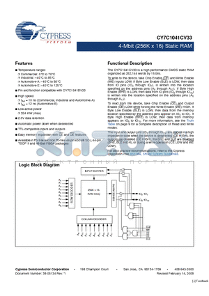 CY7C1041CV33-10BAXC datasheet - 4-Mbit (256K x 16) Static RAM
