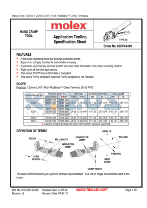 0638190400 datasheet - Application Tooling Specification Sheet