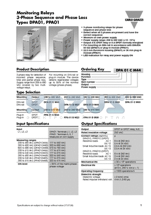 DPA01CM60 datasheet - Monitoring Relays 3-Phase Sequence and Phase Loss