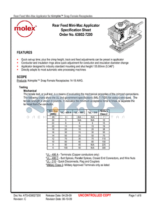 0638027200 datasheet - Rear Feed Mini-Mac Applicator Specification Sheet