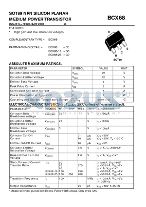 BCX68 datasheet - SOT89 NPN SILICON PLANAR MEDIUM POWER TRANSISTOR