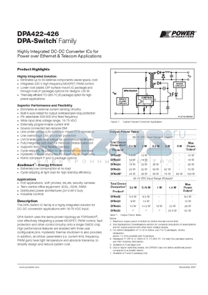 DPA422 datasheet - Highly Integrated DC-DC Converter ICs for Power over Ethernet & Telecom Applications
