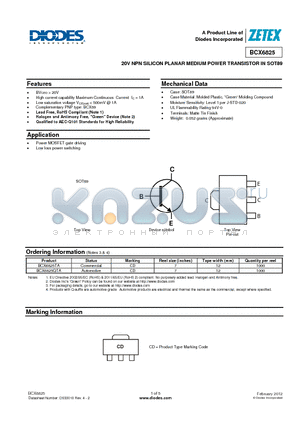 BCX6825 datasheet - 20V NPN SILICON PLANAR MEDIUM POWER TRANSISTOR IN SOT89