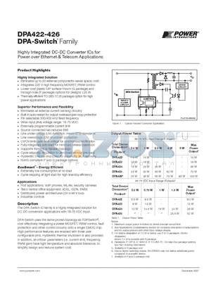 DPA424 datasheet - Highly Integrated DC-DC Converter ICs for Power over Ethernet & Telecom Applications