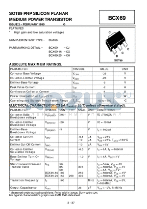 BCX69-16 datasheet - PNP SILICON PLANAR MEDIUM POWER TRANSISTOR