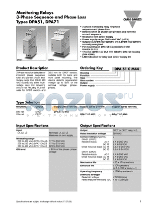 DPA71DM23 datasheet - Monitoring Relays 3-Phase Sequence and Phase Loss