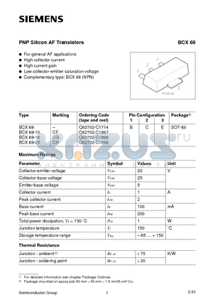 BCX69-25 datasheet - PNP Silicon AF Transistors (For general AF applications High collector current)