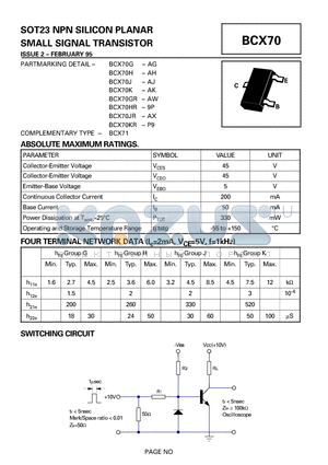 BCX70 datasheet - SOT23 NPN SILICON PLANAR SMALL SIGNAL TRANSISTOR