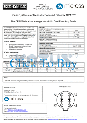 DPAD20_TO-72 datasheet - a low leakage Monolithic Dual Pico-Amp Diode