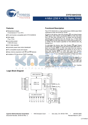 CY7C1041CV33-8ZSXC datasheet - 4-Mbit (256 K  16) Static RAM