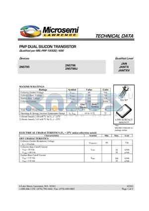 2N5796 datasheet - PNP DUAL SILICON TRANSISTOR