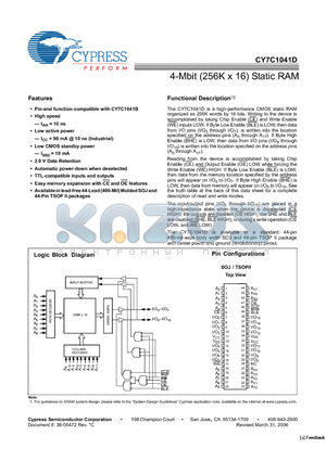 CY7C1041D datasheet - 4-Mbit (256K x 16) Static RAM