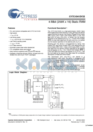 CY7C1041DV33 datasheet - 4-Mbit (256K x 16) Static RAM