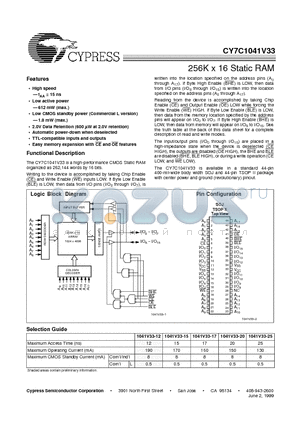 CY7C1041V33-12ZC datasheet - 256K x 16 Static RAM