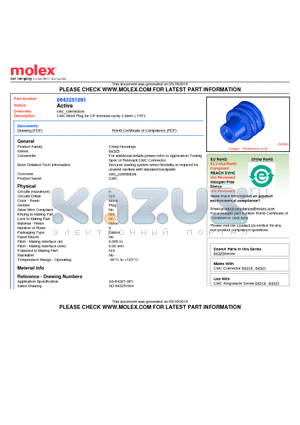 0643251091 datasheet - CMC Blind Plug for CP terminal cavity 2.8mm (.110