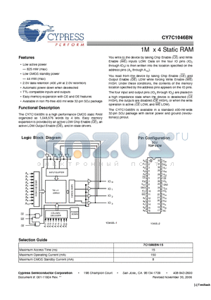 CY7C1046BN-15VC datasheet - 1M x 4 Static RAM