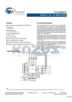 CY7C1046DV33_10 datasheet - 4-Mbit (1 M  4) Static RAM